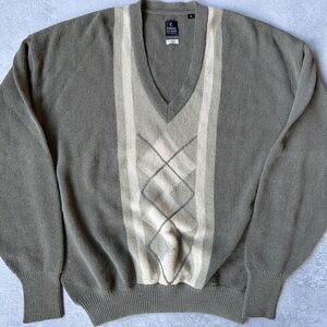 Vintage Callaway Men's Olive Green V-Neck Alpaca Sweater Cream Argyle Stripe